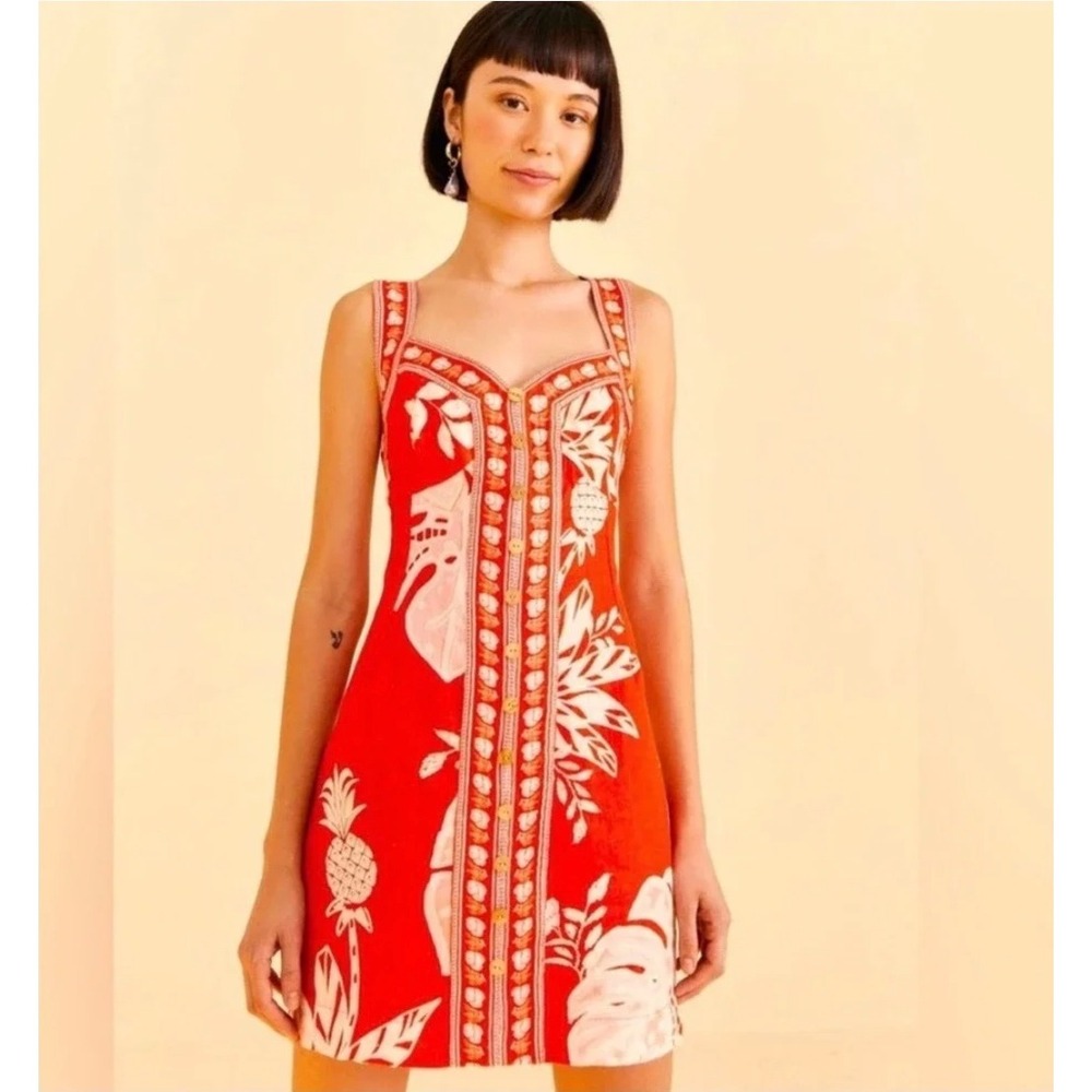 Farm Rio Vermillion Monstera Print 100% Linen Mini Dress Button Front Sz XS